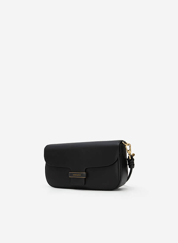 Gold Edge Lock Buckle Belt Leather Handbag - SAC 0295 - Black - VASCARA