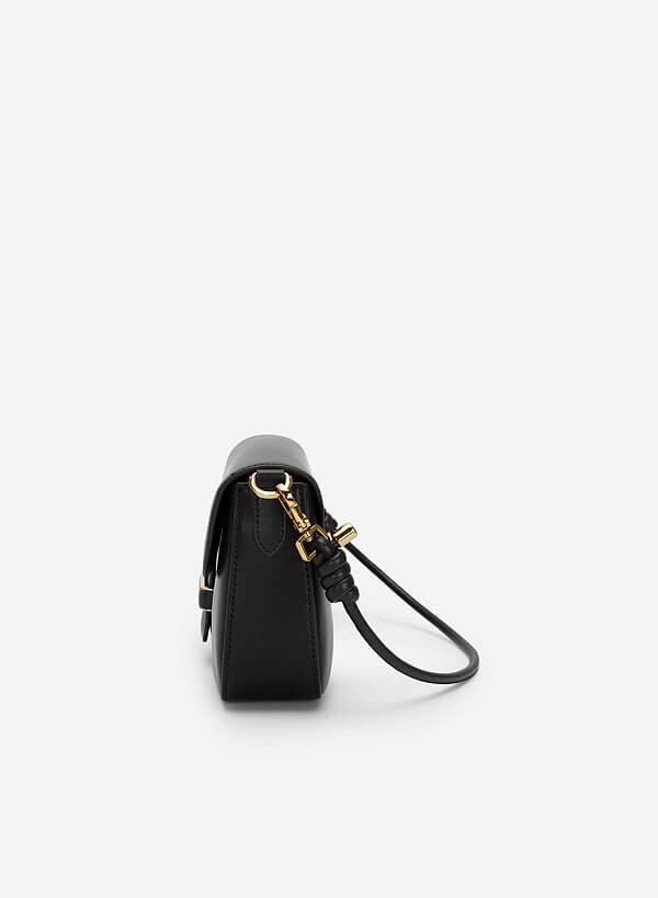 Gold Edge Lock Buckle Belt Leather Handbag - SAC 0295 - Black - VASCARA