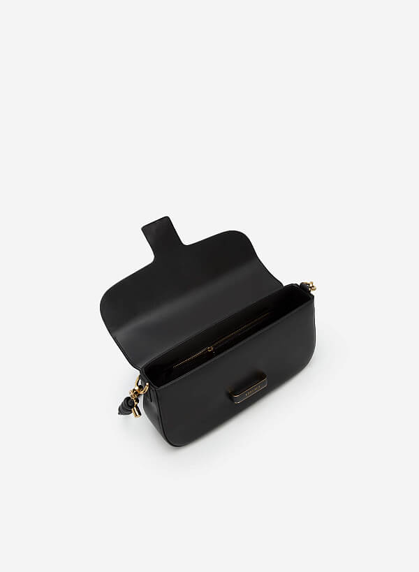 Gold Edge Lock Buckle Belt Leather Handbag - SAC 0295 - Black - VASCARA