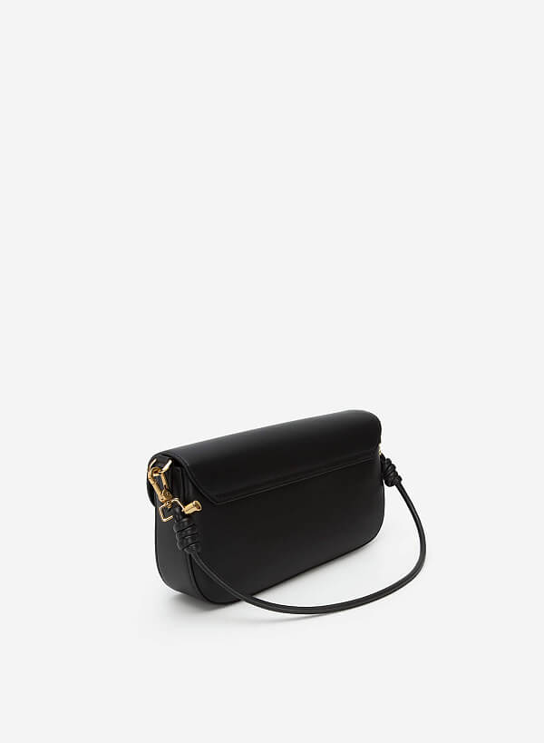 Gold Edge Lock Buckle Belt Leather Handbag - SAC 0295 - Black - VASCARA