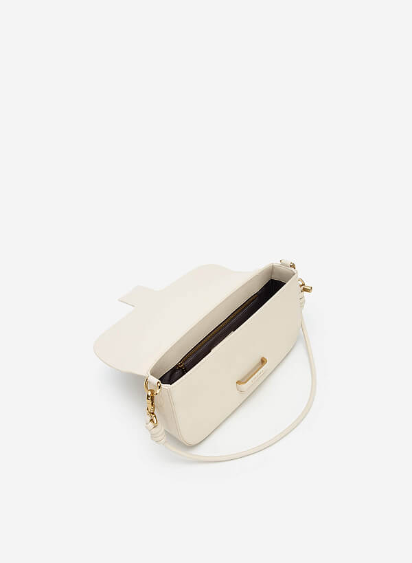 Gold Edge Lock Buckle Belt Leather Handbag - SAC 0295 - Cream - VASCARA