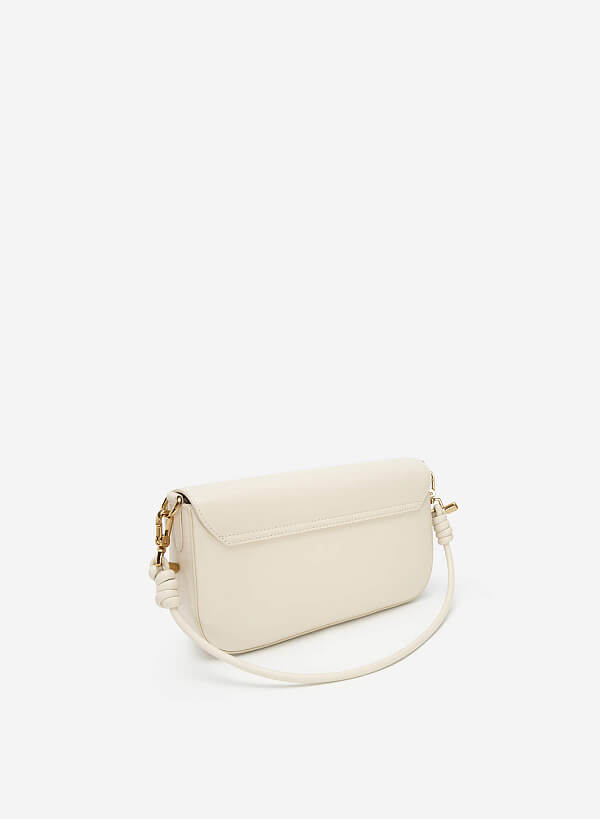 Gold Edge Lock Buckle Belt Leather Handbag - SAC 0295 - Cream - VASCARA