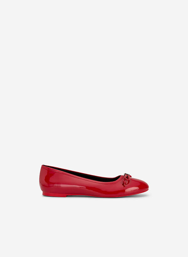 Metal Bow Tie Décor Round Toe Ballerinas - SLI 0427 - Red - VASCARA