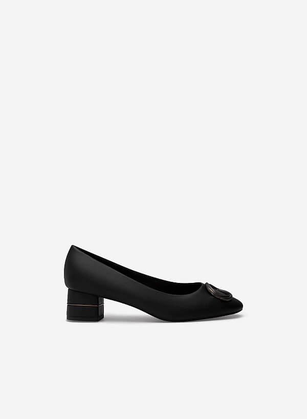 Metal Lock Décor Round Toe Ballerinas - HIG 0585 - Black - VASCARA
