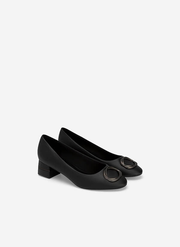 Metal Lock Décor Round Toe Ballerinas - HIG 0585 - Black - VASCARA