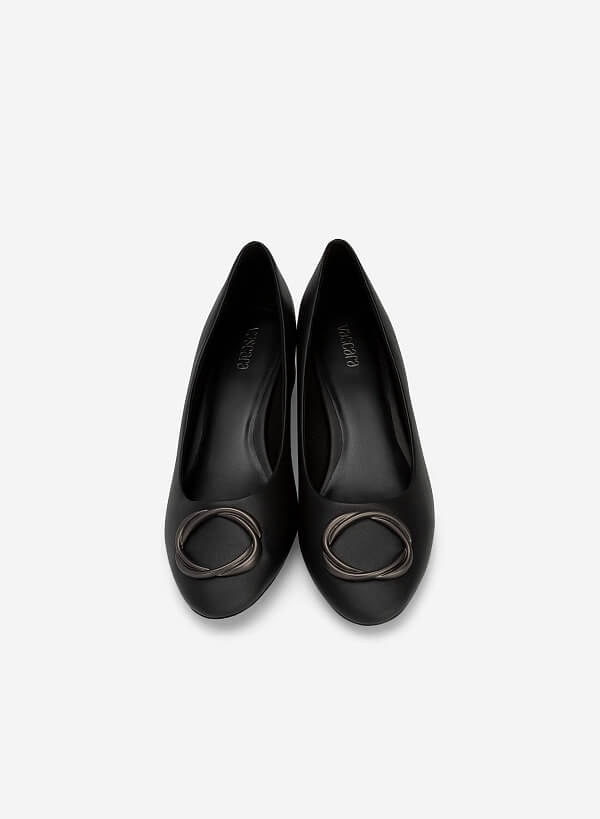 Metal Lock Décor Round Toe Ballerinas - HIG 0585 - Black - VASCARA