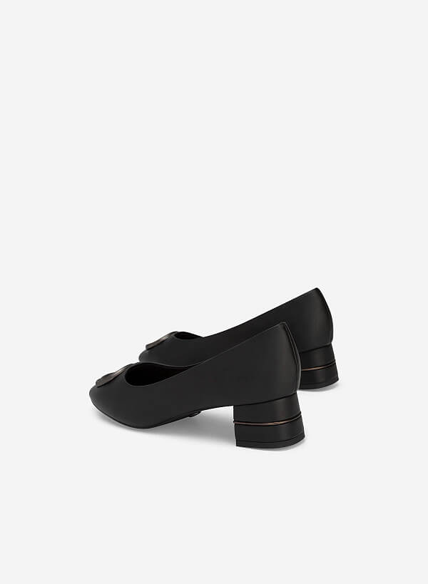 Metal Lock Décor Round Toe Ballerinas - HIG 0585 - Black - VASCARA
