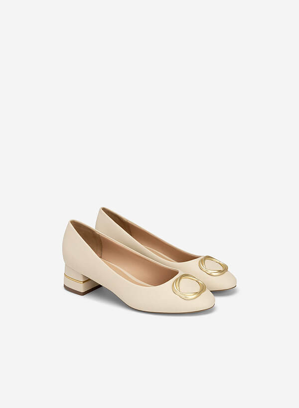 Metal Lock Décor Round Toe Ballerinas - HIG 0585 - Cream - VASCARA