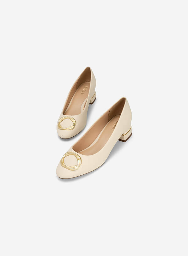 Metal Lock Décor Round Toe Ballerinas - HIG 0585 - Cream - VASCARA