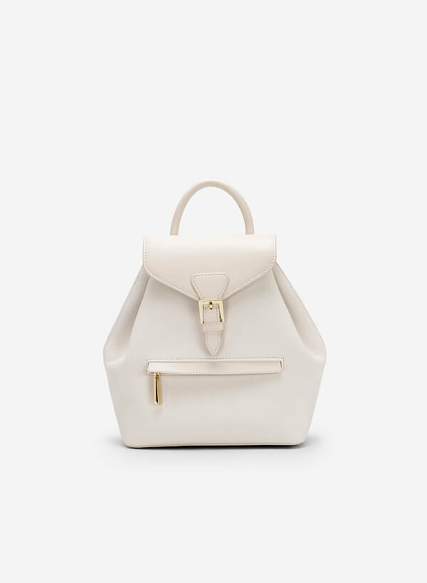 Metal Lock Flap Canvas Backpack - BAK 0178 - Cream