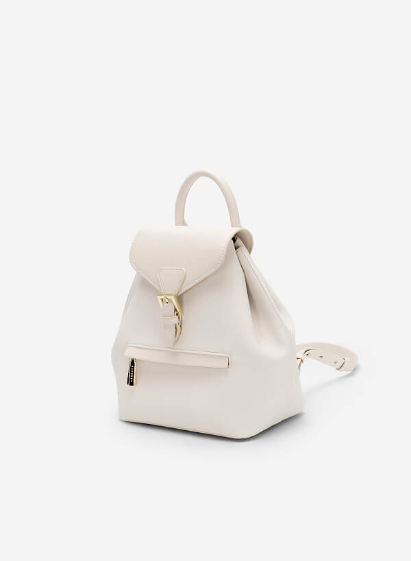 Metal Lock Flap Canvas Backpack - BAK 0178 - Cream - VASCARA