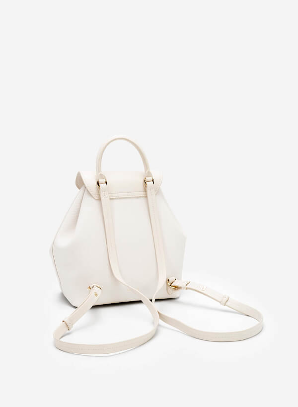 Metal Lock Flap Canvas Backpack - BAK 0178 - Cream - VASCARA