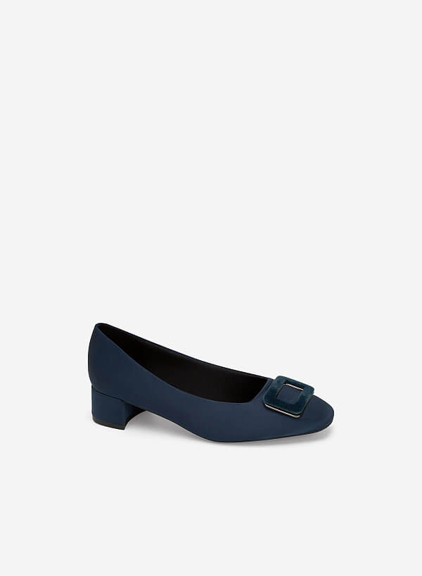 Metal Lock Velvet Décor Satin Pumps - HIG 0584 - Dark Blue