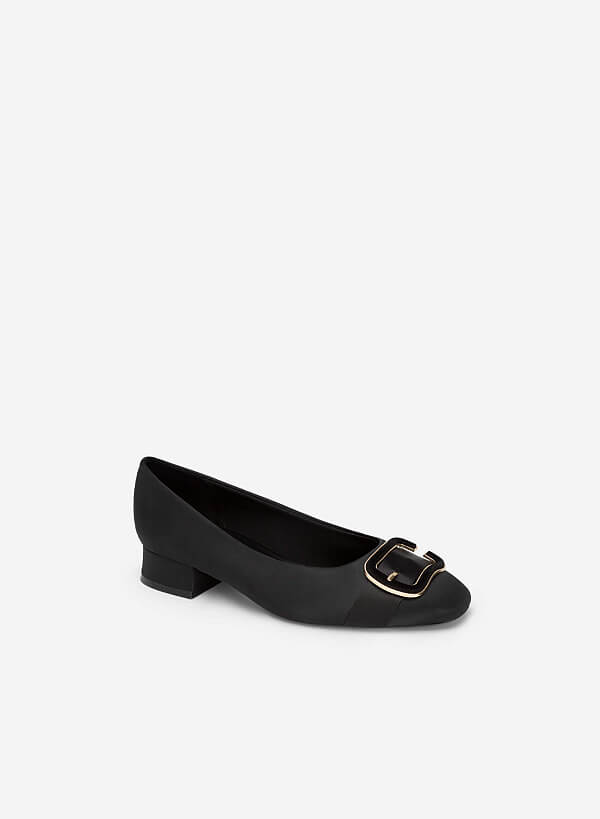 Metallic Velvet-mixed Lock Décor Satin Shoes - HIG 0550 - Black