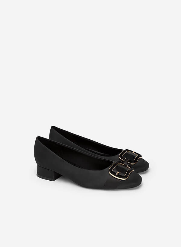 Metallic Velvet-mixed Lock Décor Satin Shoes - HIG 0550 - Black - VASCARA