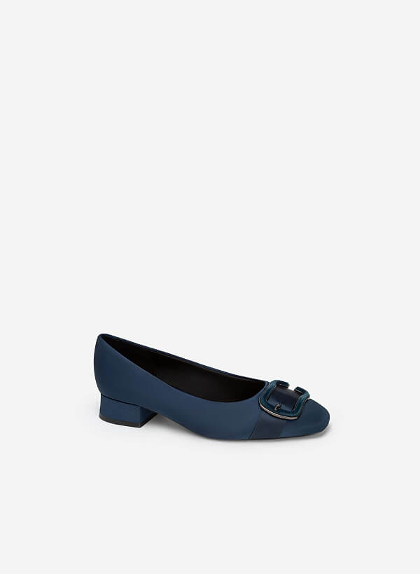 Metallic Velvet-mixed Lock Décor Satin Shoes - HIG 0550 - Dark Blue