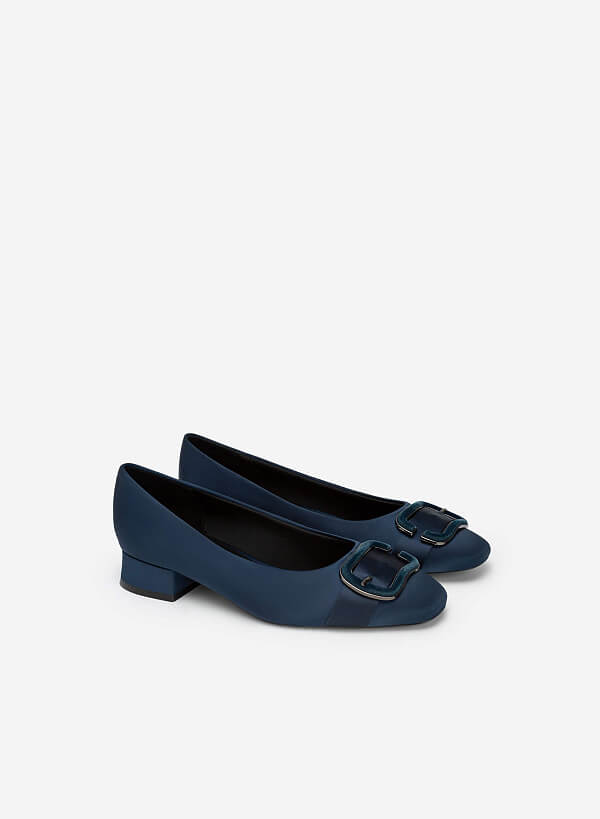 Metallic Velvet-mixed Lock Décor Satin Shoes - HIG 0550 - Dark Blue - VASCARA