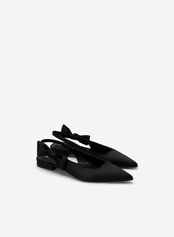 Bow Strap Décor Satin Slingbacks - HIG 0575 - Black - VASCARA