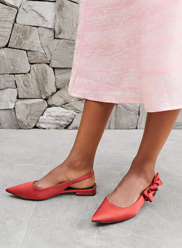 Bow Strap Décor Satin Slingbacks - HIG 0575 - Red - VASCARA