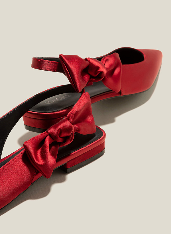 Bow Strap Décor Satin Slingbacks - HIG 0575 - Red - VASCARA