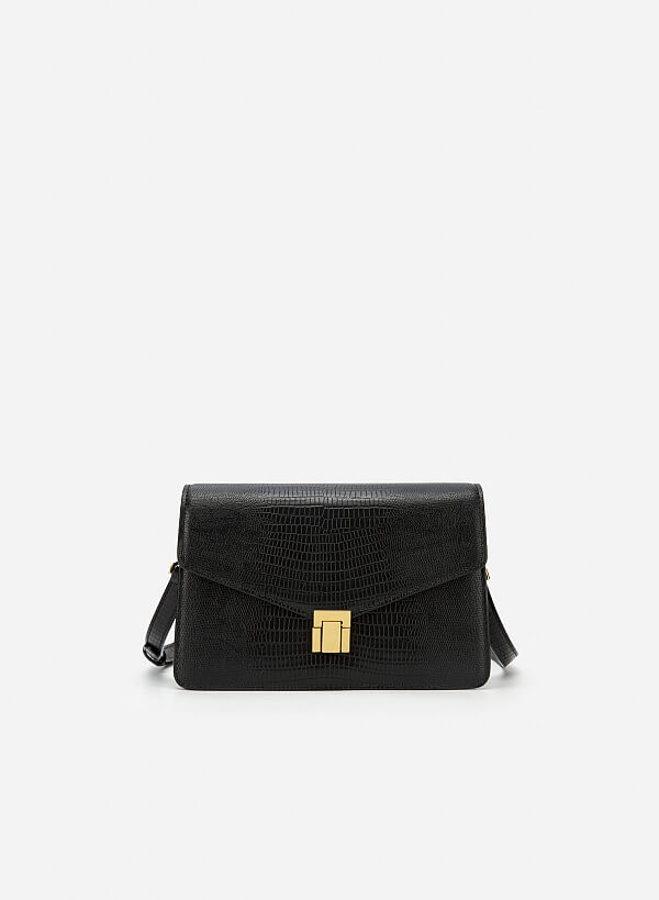 Lizard-effect Flap Crossbody Bag - MES 0219 - Black