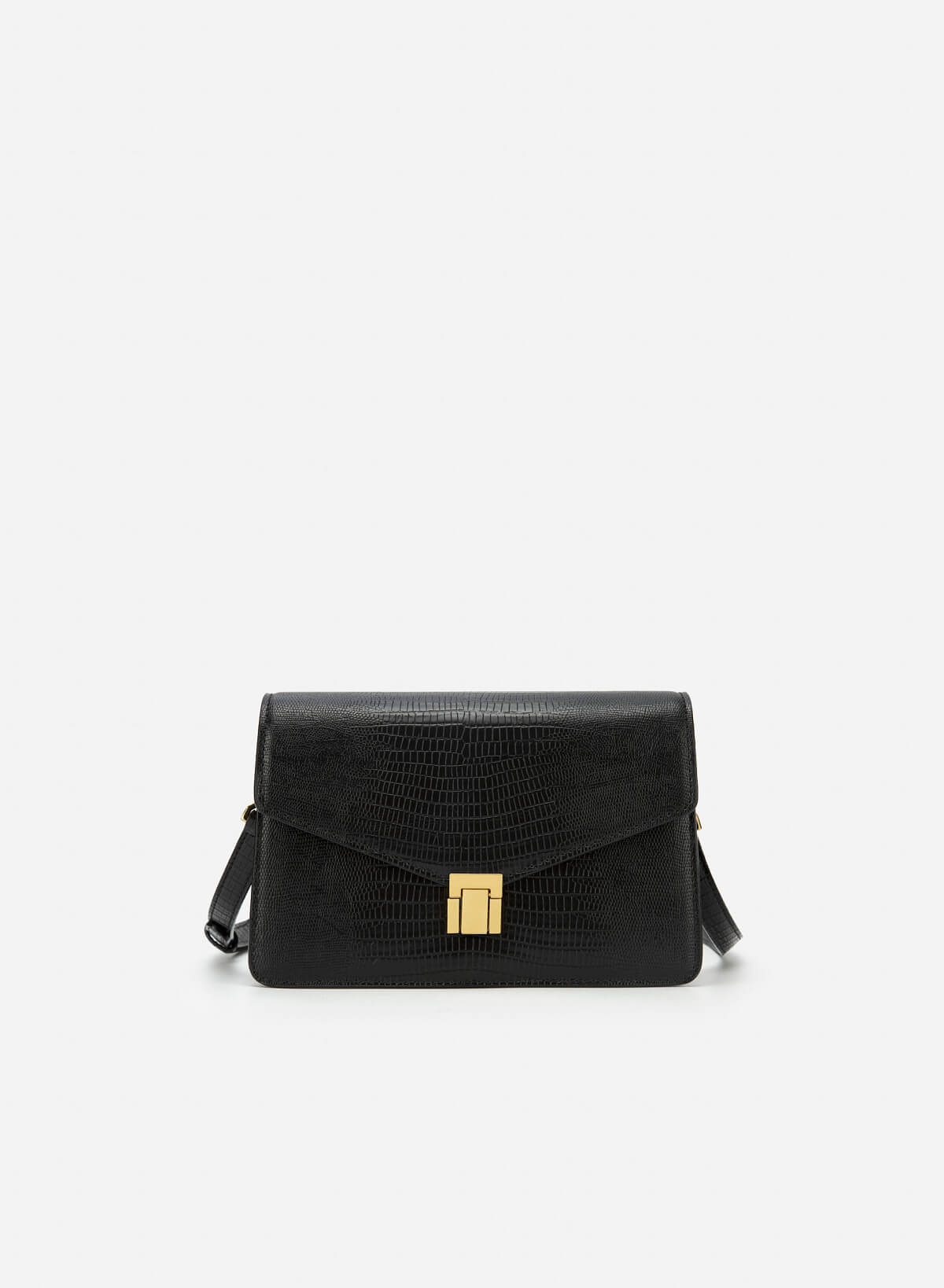Lizard-effect Flap Crossbody Bag - MES 0219 - Black - vascara.com