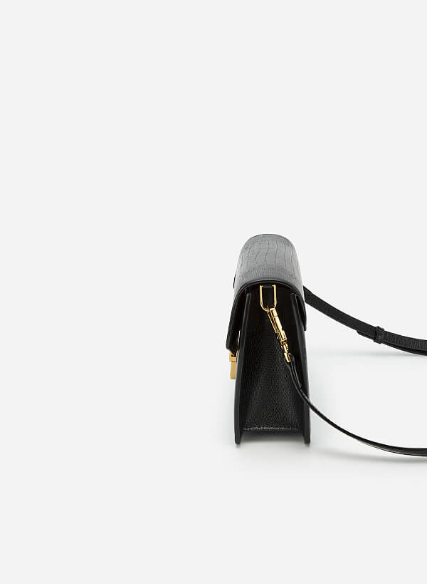 Lizard-effect Flap Crossbody Bag - MES 0219 - Black - VASCARA