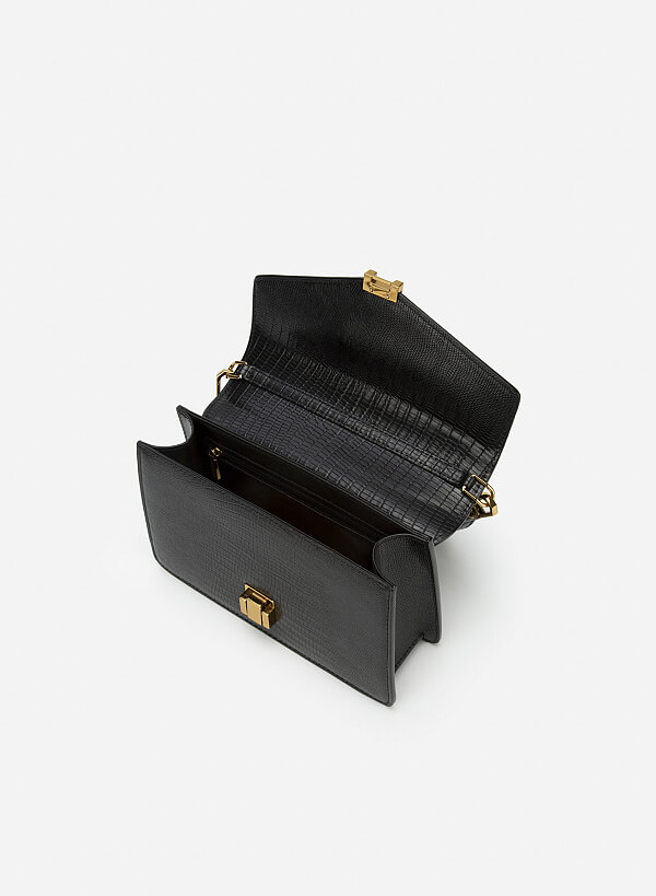 Lizard-effect Flap Crossbody Bag - MES 0219 - Black - VASCARA