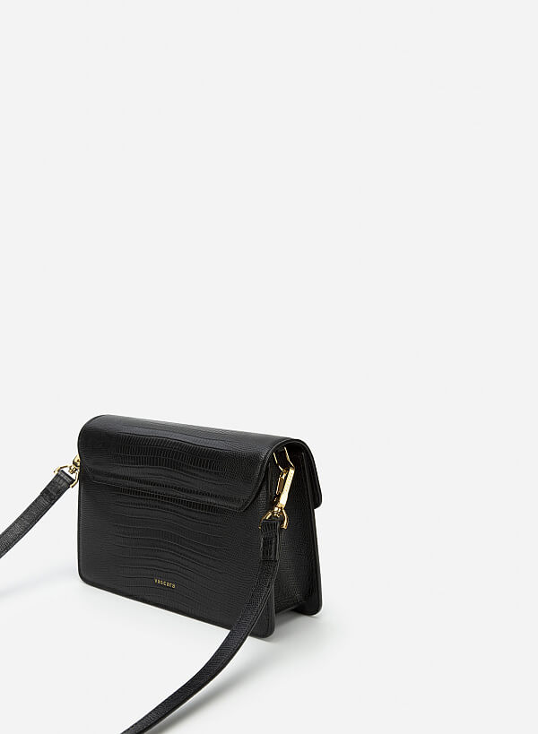 Lizard-effect Flap Crossbody Bag - MES 0219 - Black - VASCARA