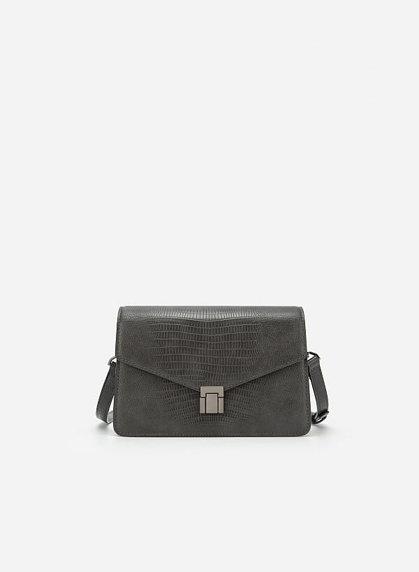 Lizard-effect Flap Crossbody Bag - MES 0219 - Dark Grey