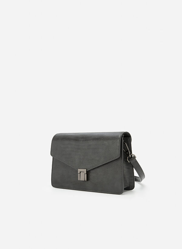 Lizard-effect Flap Crossbody Bag - MES 0219 - Dark Grey - VASCARA