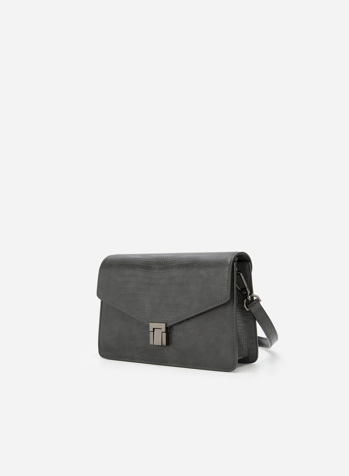 Lizard-effect Flap Crossbody Bag - MES 0219 - Dark Grey - vascara.com