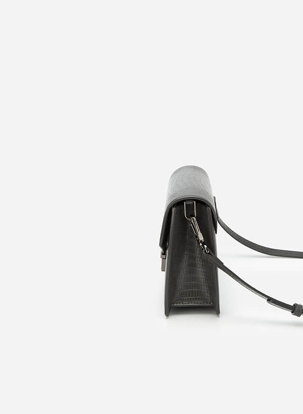 Lizard-effect Flap Crossbody Bag - MES 0219 - Dark Grey - VASCARA