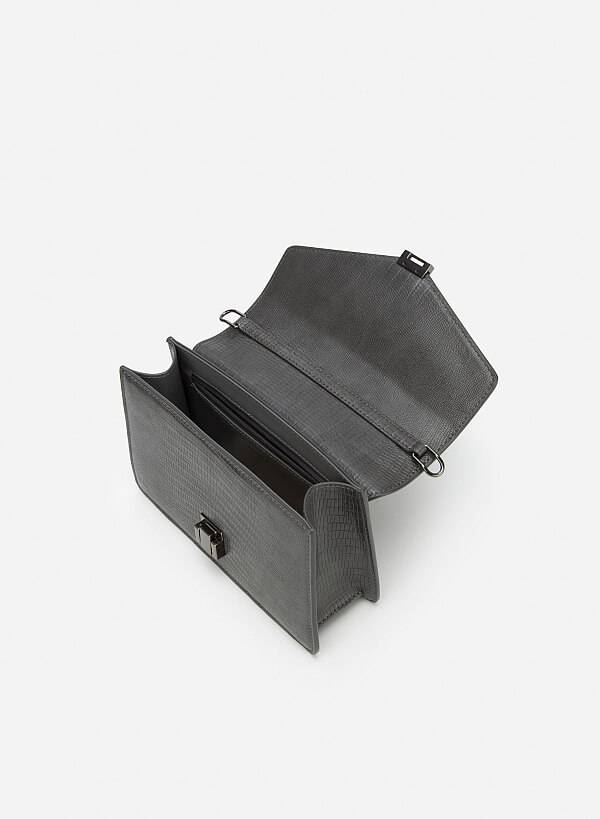 Lizard-effect Flap Crossbody Bag - MES 0219 - Dark Grey - VASCARA