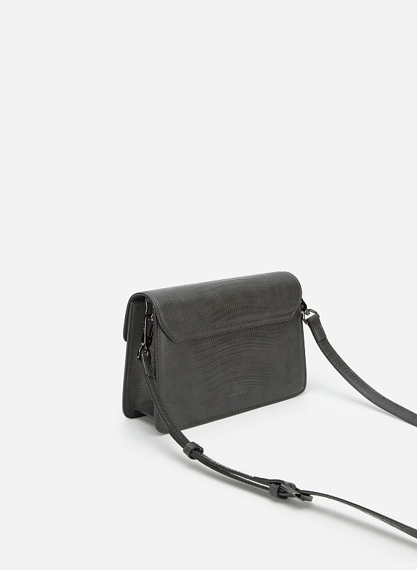 Lizard-effect Flap Crossbody Bag - MES 0219 - Dark Grey - VASCARA