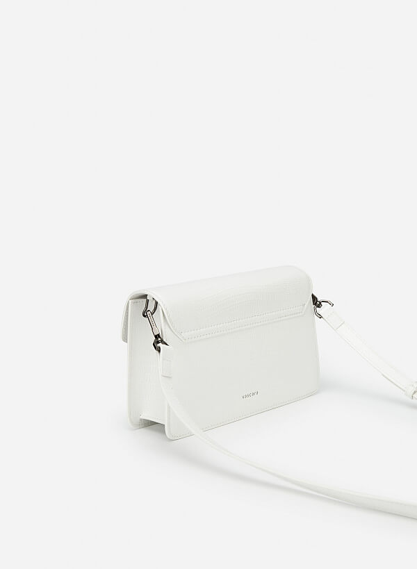 Lizard-effect Flap Crossbody Bag - MES 0219 - White - VASCARA
