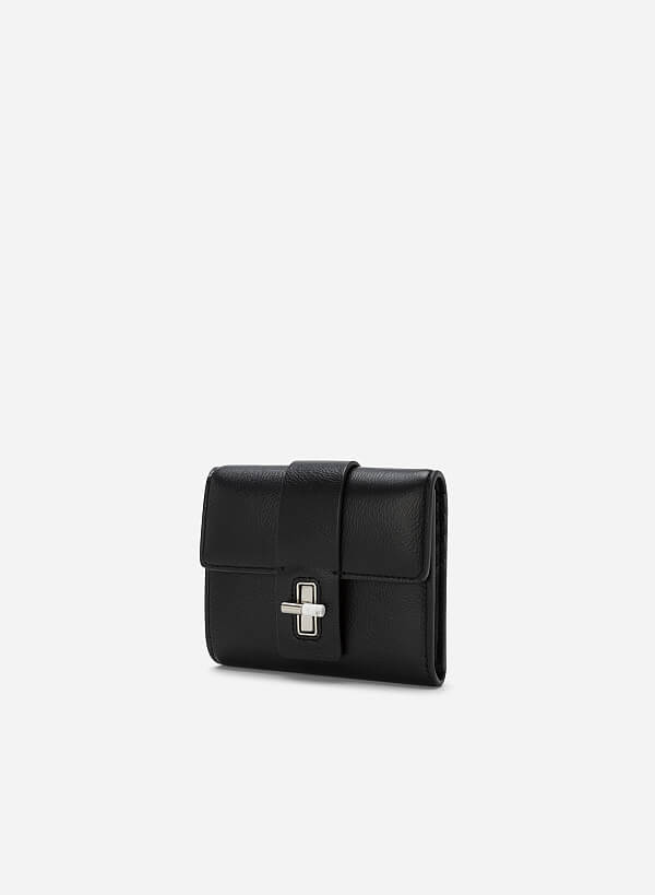 Marble Décor Turn Lock Flap Wallet - WLL 0256 - Black - VASCARA