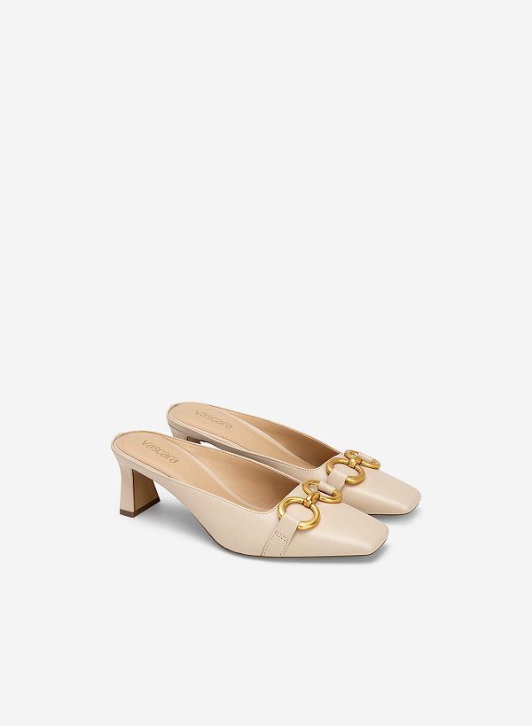 Metal Lock Décor Mules - MUL 0185 - Beige - VASCARA