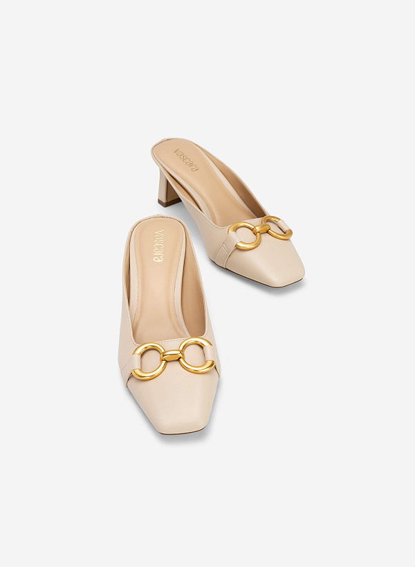 Metal Lock Décor Mules - MUL 0185 - Beige - VASCARA