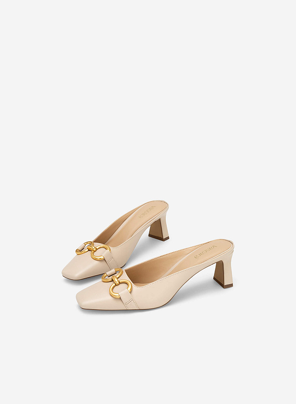 Metal Lock Décor Mules - MUL 0185 - Beige - VASCARA