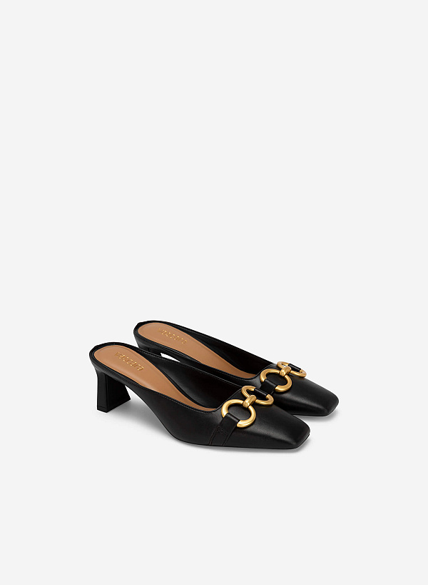 Metal Lock Décor Mules - MUL 0185 - Black - VASCARA