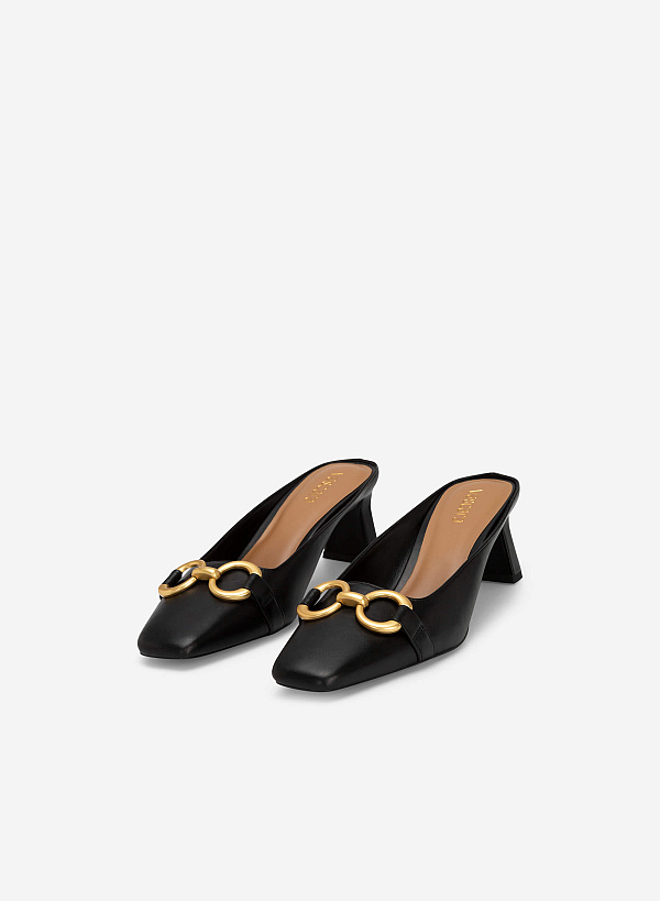 Metal Lock Décor Mules - MUL 0185 - Black - VASCARA