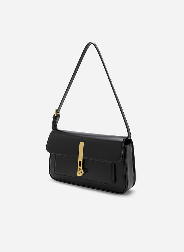Metal Turn Lock Handbag - SAC 0313 - Black - VASCARA