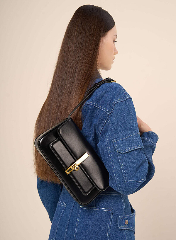 Metal Turn Lock Handbag - SAC 0313 - Black - VASCARA