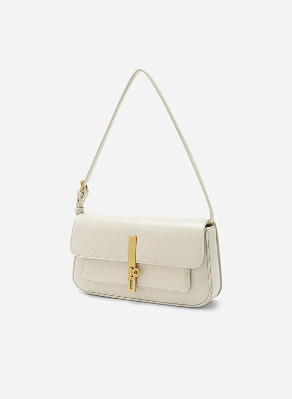 Metal Turn Lock Handbag - SAC 0313 - Cream - VASCARA