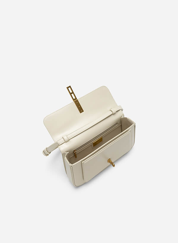 Metal Turn Lock Handbag - SAC 0313 - Cream - VASCARA