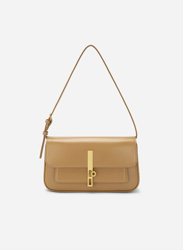Metal Turn Lock Handbag - SAC 0313 - Light Brown - VASCARA