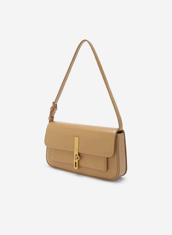 Metal Turn Lock Handbag - SAC 0313 - Light Brown - VASCARA