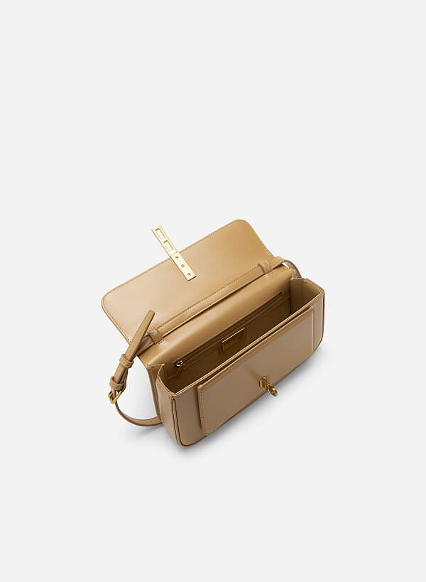 Metal Turn Lock Handbag - SAC 0313 - Light Brown - VASCARA