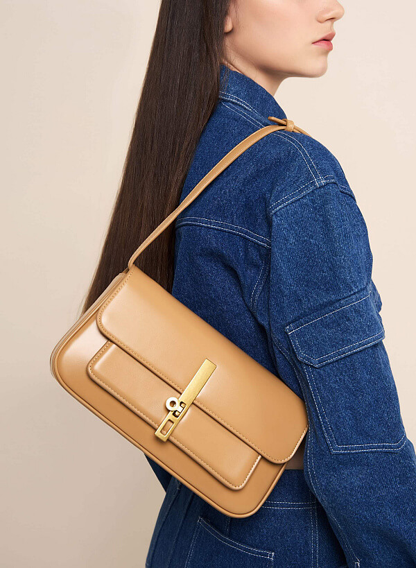 Metal Turn Lock Handbag - SAC 0313 - Light Brown